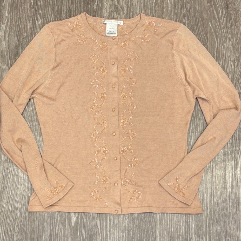Collette Dinnigan Silk Knit Glass Beaded Cardigan Sweater Peach Pink Granny L